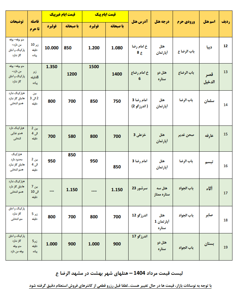 قیمت هتل های مشهد مرداد